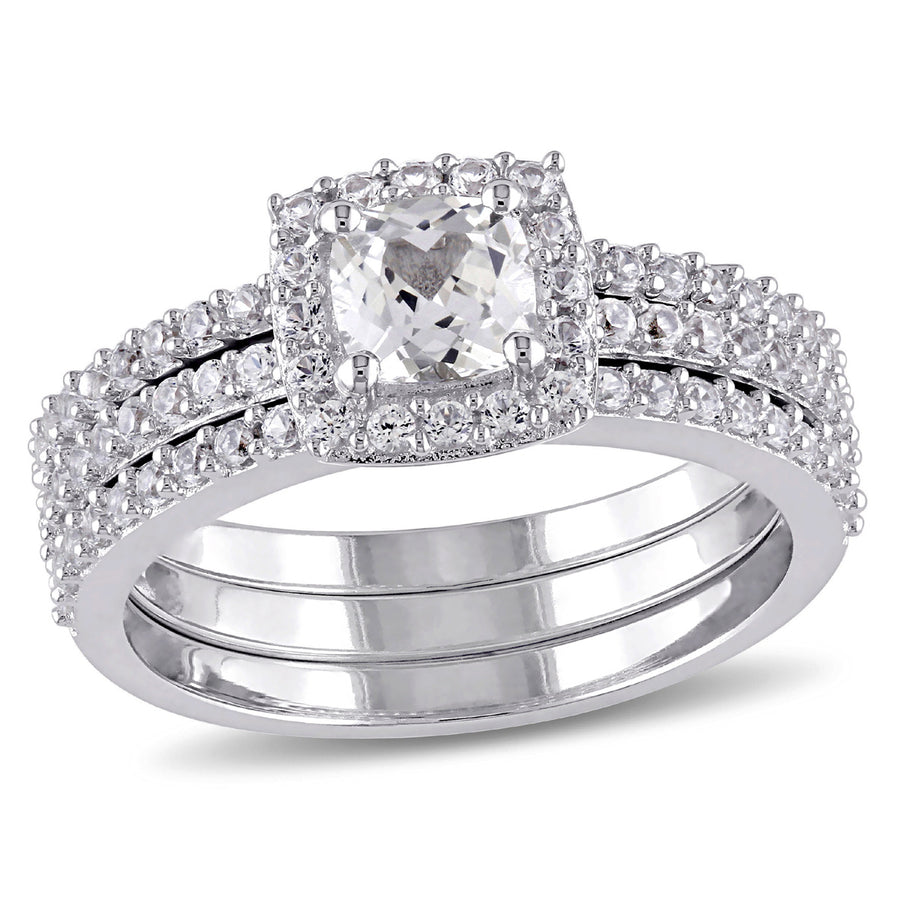 1.50 Carat (ctw) Lab-Created White Sapphire Halo Bridal Engagement Ring and Band Set In Sterling Silver Image 1