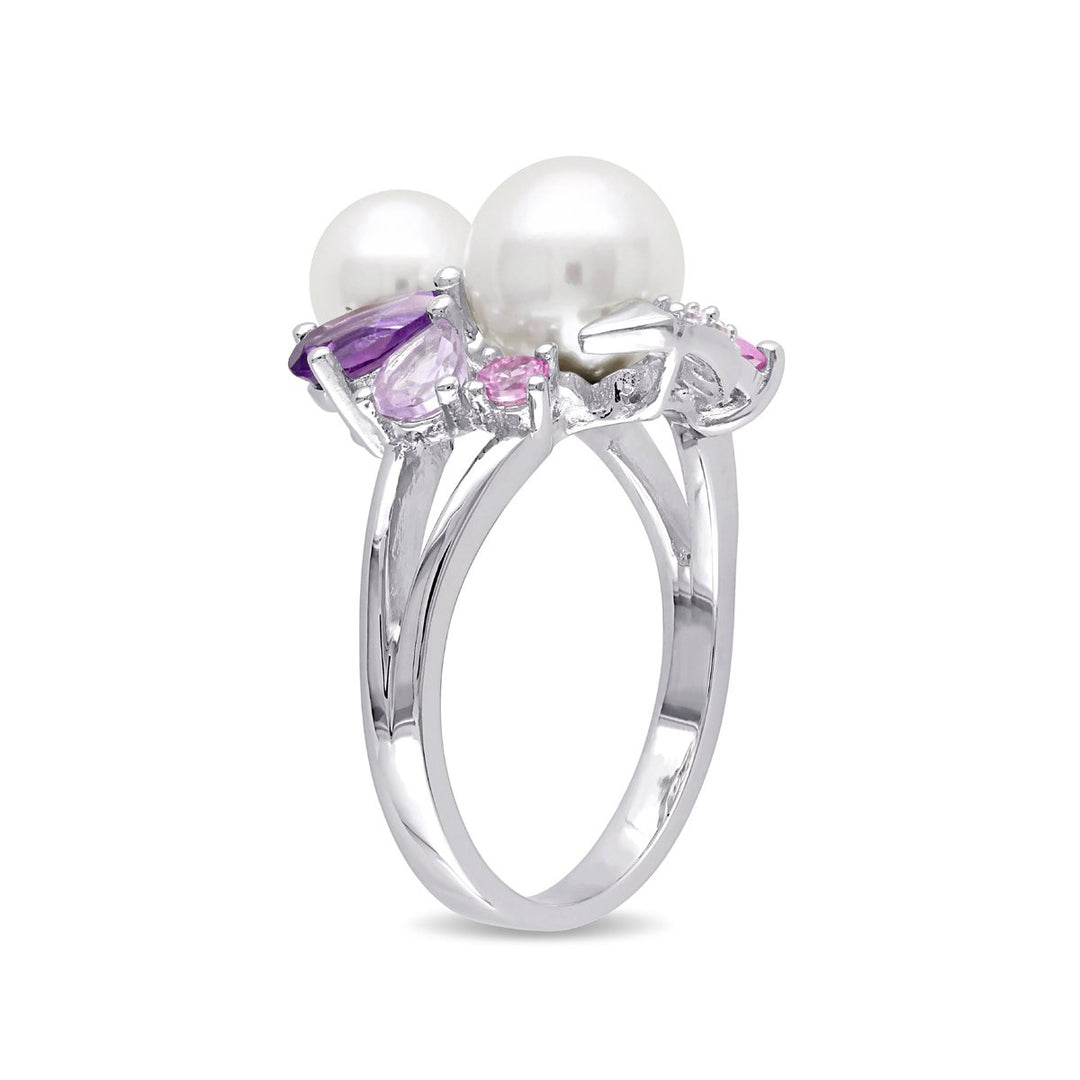 White Freshwater Cultured Pearl Ring with Amethyst Created Pink and White Sapphire and Rose De France In Sterling Silver Image 3