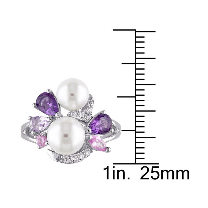 White Freshwater Cultured Pearl Ring with Amethyst Created Pink and White Sapphire and Rose De France In Sterling Silver Image 4