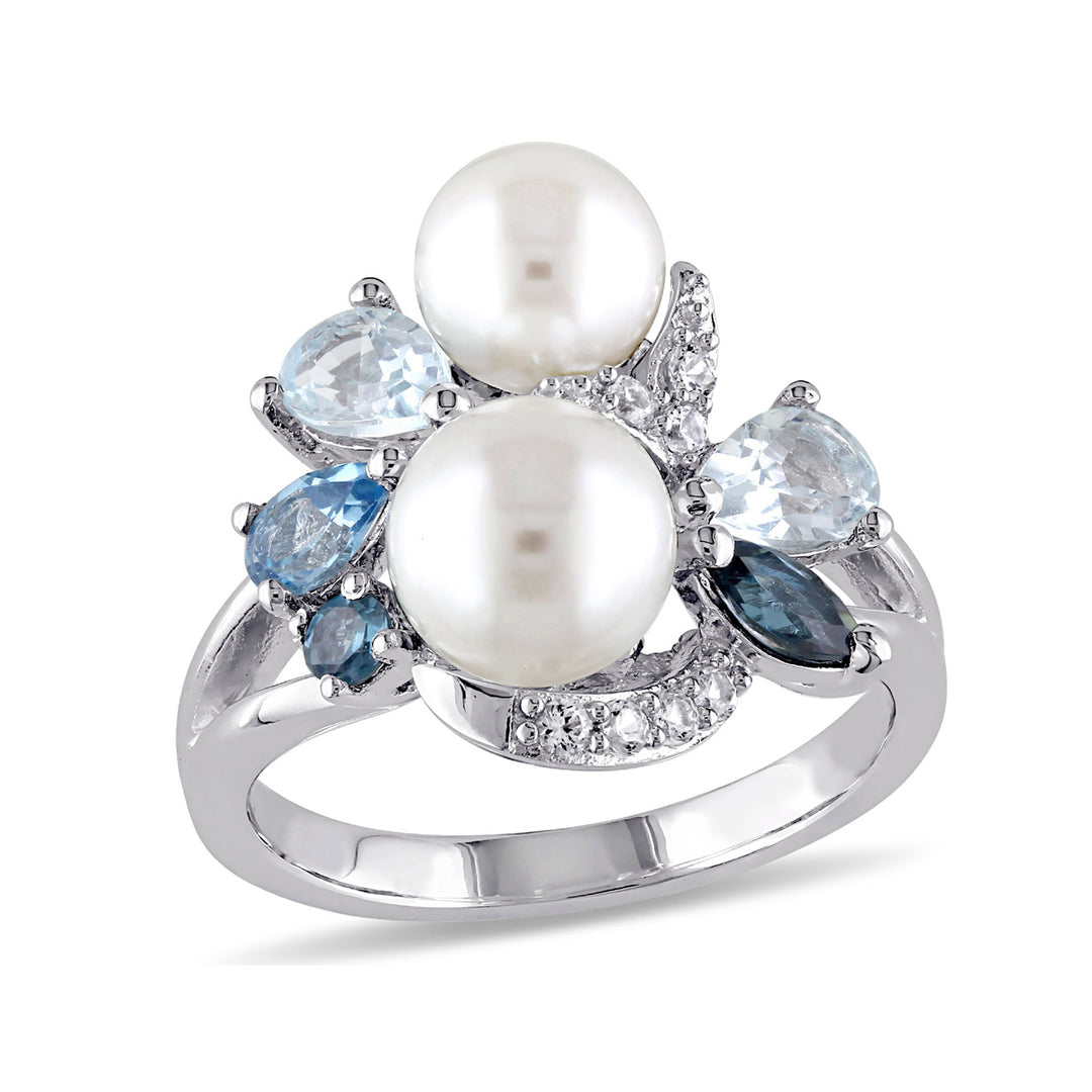 White Freshwater Cultured Pearl with London Swiss and Sky Blue Topaz and Created White Sapphire Ring In Sterling Silver Image 1