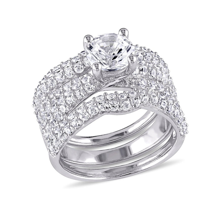 4 1/5 Carat (ctw) Lab-Created White Sapphire Bridal Engagement Ring and Wedding Band Set In Sterling Silver Image 1