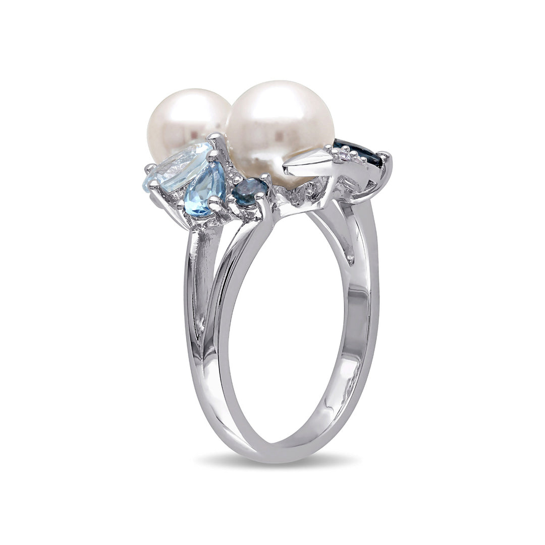 White Freshwater Cultured Pearl with London Swiss and Sky Blue Topaz and Created White Sapphire Ring In Sterling Silver Image 3