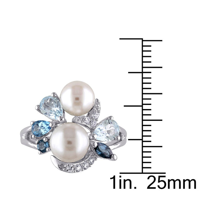 White Freshwater Cultured Pearl with London Swiss and Sky Blue Topaz and Created White Sapphire Ring In Sterling Silver Image 4