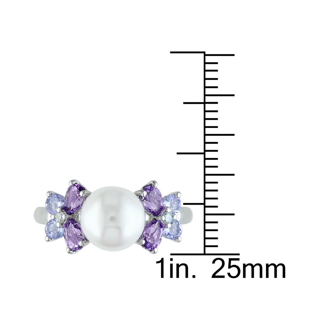 White Freshwater Cultured Pearl 8-8.5mm with Diamond and Tanzanite and Amethyst Ring In Sterling Silver Image 4