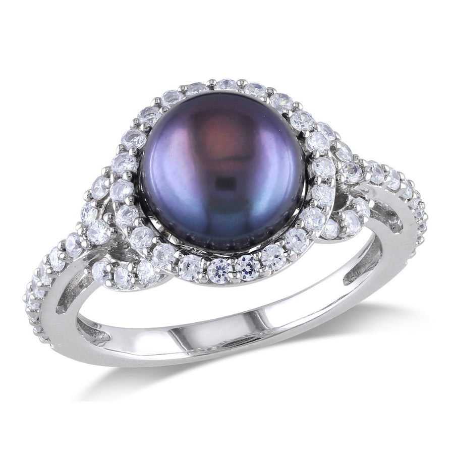 Black Freshwater Cultured Pearl 8.5-9mm and Cubic Ring In Sterling Silver Image 1