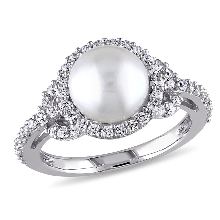 White Freshwater Cultured Pearl 8.5-9mm and Cubic Zirconia (CZ) Halo Ring In Sterling Silver Image 1