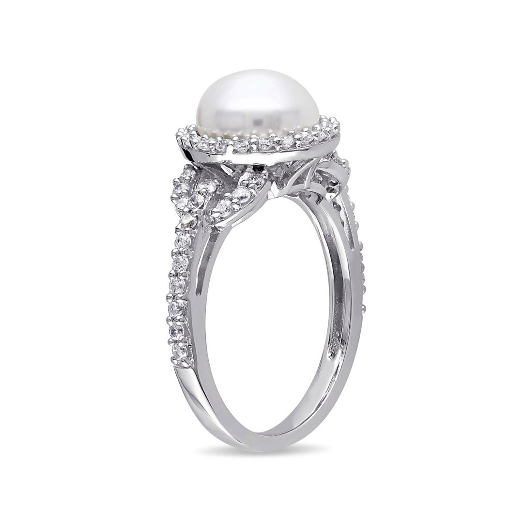 White Freshwater Cultured Pearl 8.5-9mm and Cubic Zirconia (CZ) Halo Ring In Sterling Silver Image 3