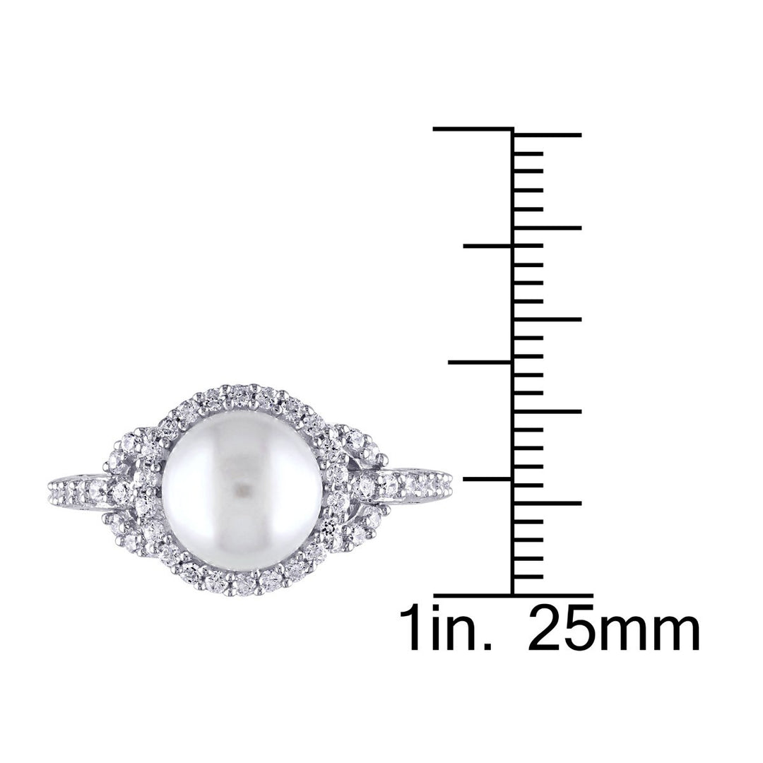 White Freshwater Cultured Pearl 8.5-9mm and Cubic Zirconia (CZ) Halo Ring In Sterling Silver Image 4