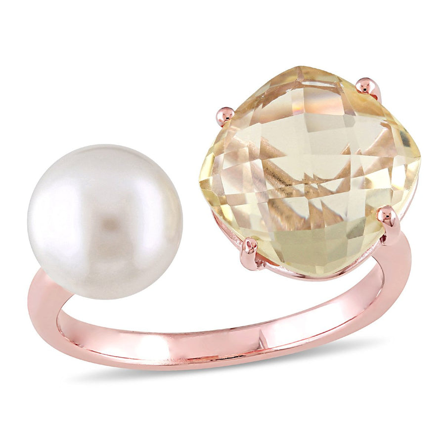 White Freshwater Cultured Pearl and Lemon Quartz Ring In Rose Plated Sterling Silver Image 1