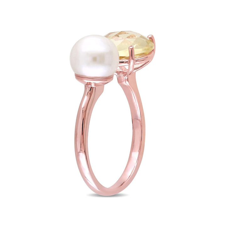 White Freshwater Cultured Pearl and Lemon Quartz Ring In Rose Plated Sterling Silver Image 3