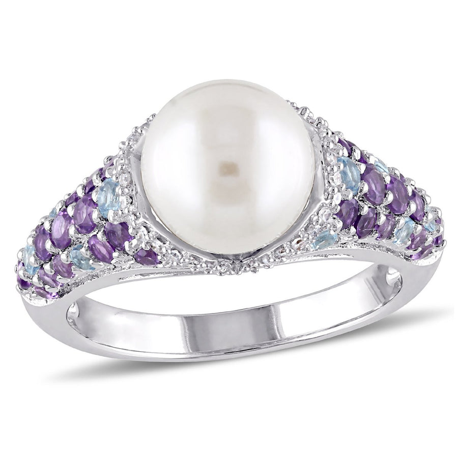 Freshwater Cultured Pearl 8-8.5mm with Diamonds 1/10 Carat (ctw) and Swiss Blue Topaz and Amethyst Ring in Sterling Image 1