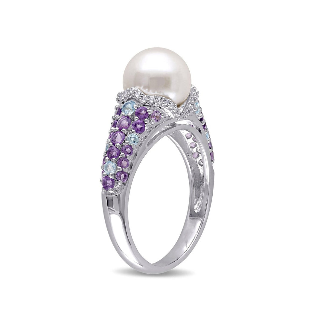 Freshwater Cultured Pearl 8-8.5mm with Diamonds 1/10 Carat (ctw) and Swiss Blue Topaz and Amethyst Ring in Sterling Image 3