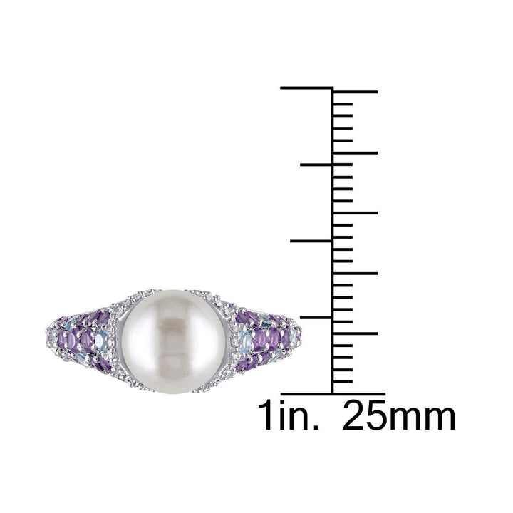 Freshwater Cultured Pearl 8-8.5mm with Diamonds 1/10 Carat (ctw) and Swiss Blue Topaz and Amethyst Ring in Sterling Image 4