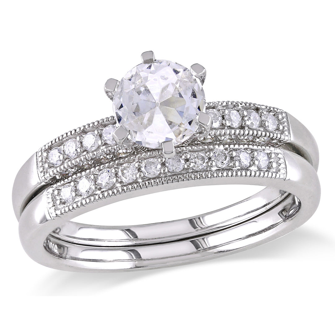 1.00 Carat (ctw) Lab-Created White Sapphire with Diamonds 1/3 Carat (ctw) Bridal Wedding Engagement Ring Set 10K White Image 1