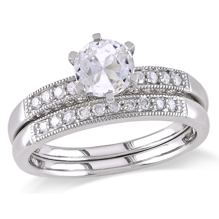 1.00 Carat (ctw) Lab-Created White Sapphire with Diamonds 1/3 Carat (ctw) Bridal Wedding Engagement Ring Set 10K White Image 1