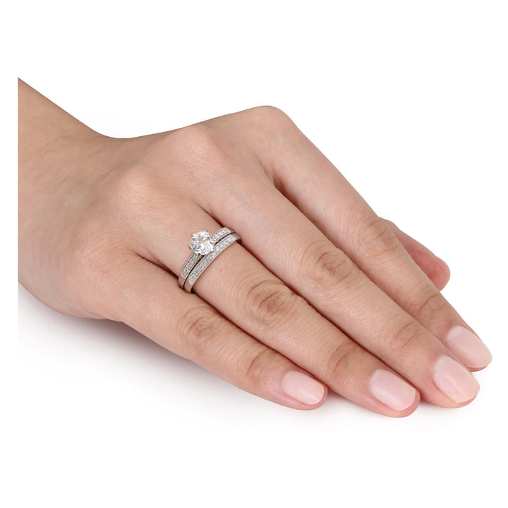 1.00 Carat (ctw) Lab-Created White Sapphire with Diamonds 1/3 Carat (ctw) Bridal Wedding Engagement Ring Set 10K White Image 3