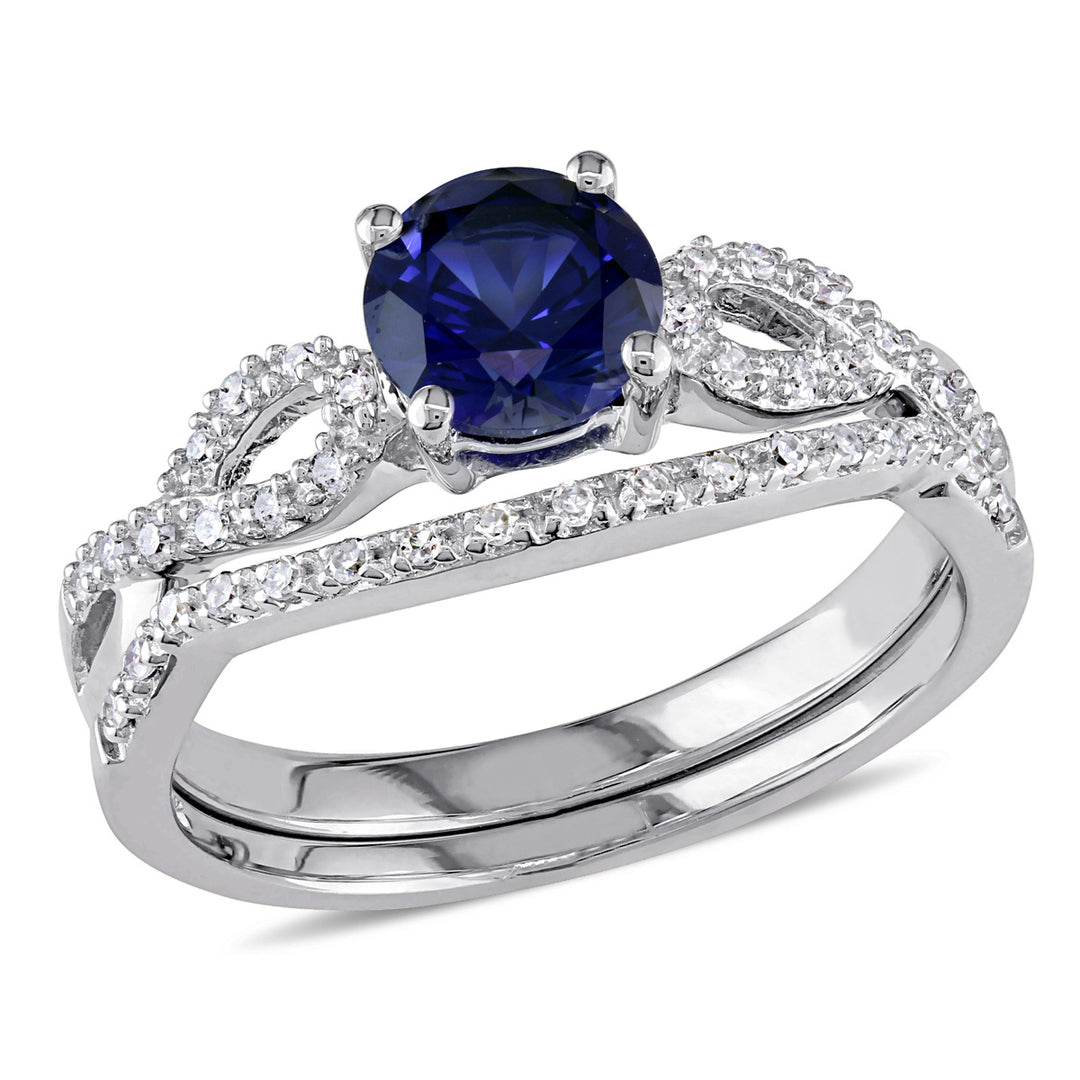 1.00 Carat (ctw) Lab-Created Blue Sapphire Engagement Ring and Bridal Wedding Set with Diamond10K White Gold Image 1