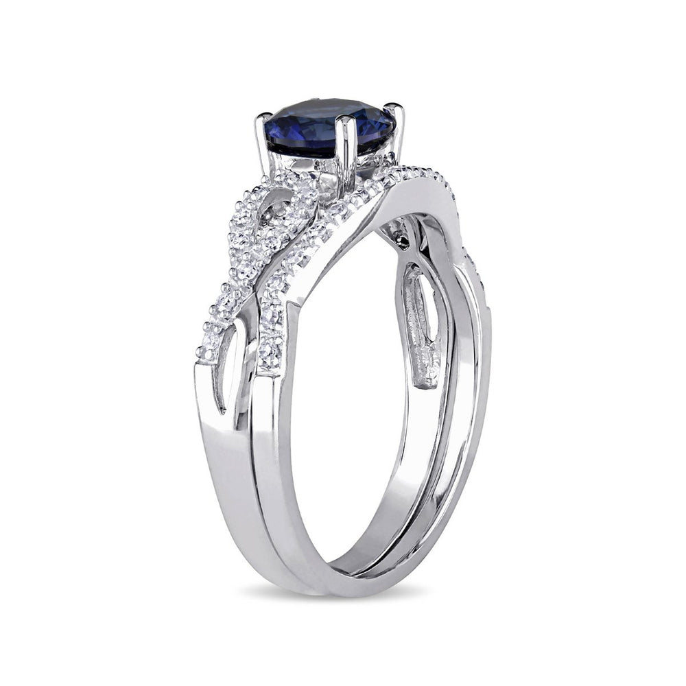 1.00 Carat (ctw) Lab-Created Blue Sapphire Engagement Ring and Bridal Wedding Set with Diamond10K White Gold Image 2