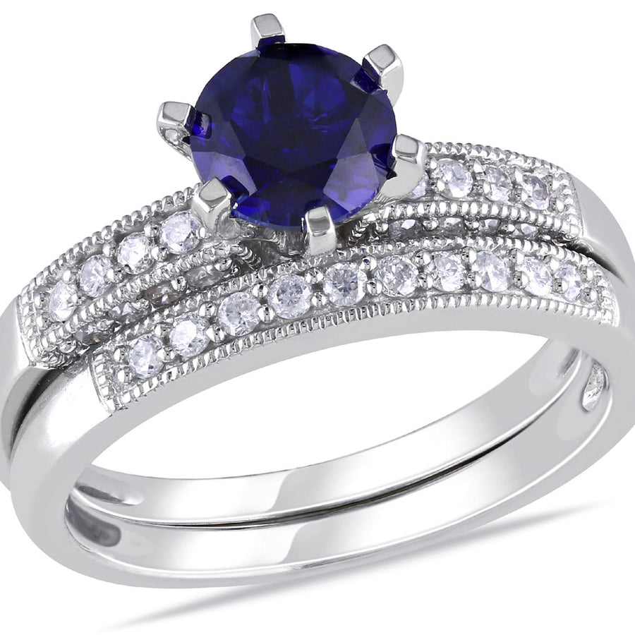 1.00 Carat (ctw) Lab-Created Blue Sapphire with Diamonds Bridal Wedding Set Engagement Ring 10K White Gold Image 1