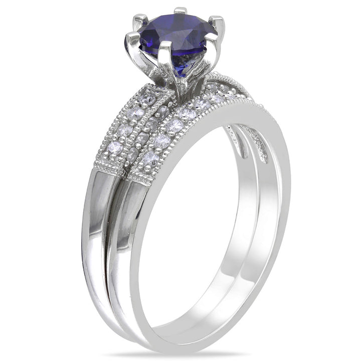 1.00 Carat (ctw) Lab-Created Blue Sapphire with Diamonds Bridal Wedding Set Engagement Ring 10K White Gold Image 2