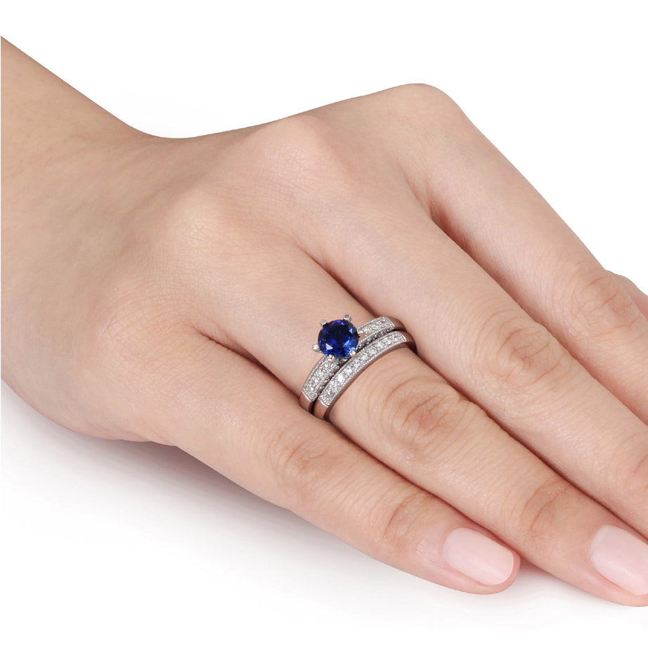 1.00 Carat (ctw) Lab-Created Blue Sapphire with Diamonds Bridal Wedding Set Engagement Ring 10K White Gold Image 3