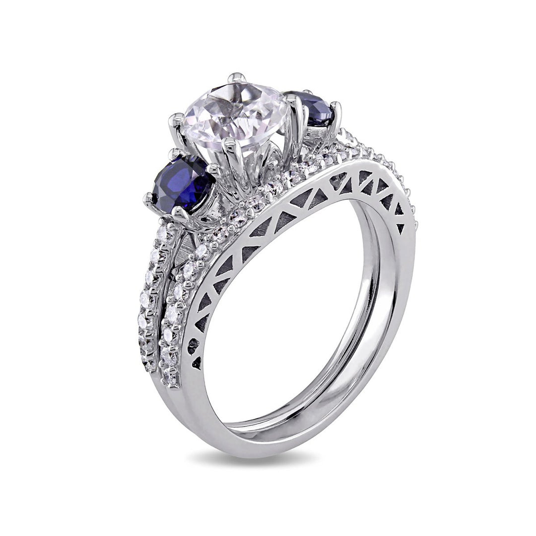 Created White and Created Blue Sapphire 2 Carat (ctw) with Diamond 1/3 Carat (ctw) Engagement Ring and Bridal Wedding Image 2