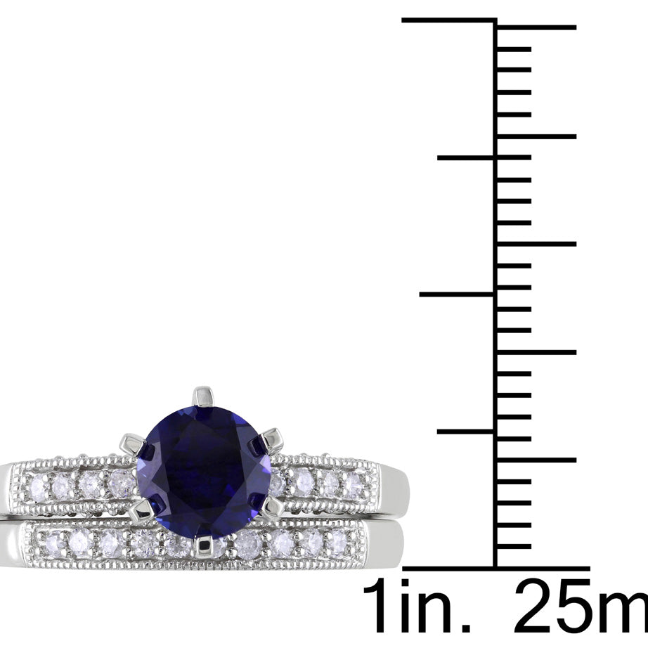 1.00 Carat (ctw) Lab-Created Blue Sapphire with Diamonds Bridal Wedding Set Engagement Ring 10K White Gold Image 4