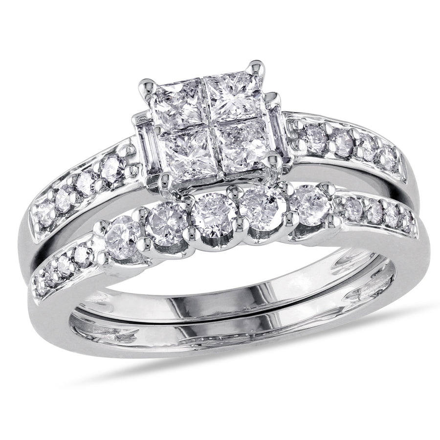 1.00 Carat (ctwH-II2-I3) Princess-Cut Diamond Engagement Ring and Band Bridal Wedding Set in 14K White Gold Image 1