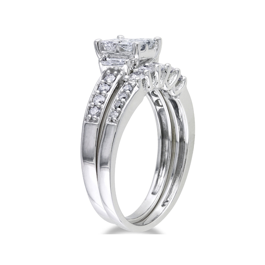 1.00 Carat (ctwH-II2-I3) Princess-Cut Diamond Engagement Ring and Band Bridal Wedding Set in 14K White Gold Image 2