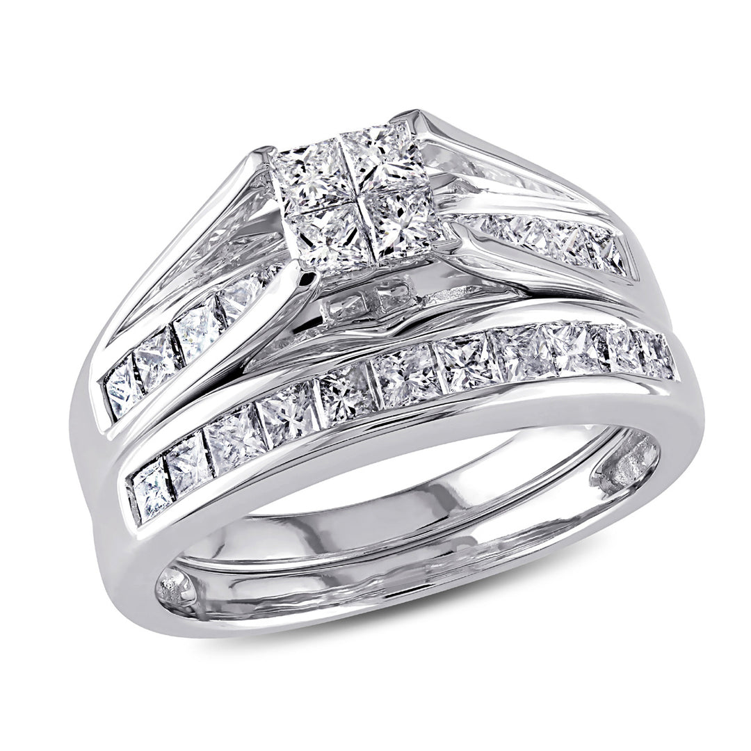 1.00 Carat (ctw H-II2-I3) Princess-Cut Diamond Engagement Ring and Wedding Band 14K White Gold Image 1