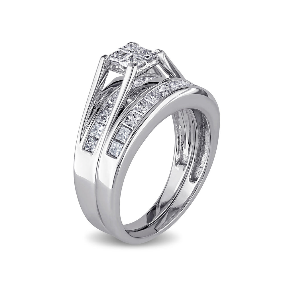1.00 Carat (ctw H-II2-I3) Princess-Cut Diamond Engagement Ring and Wedding Band 14K White Gold Image 2
