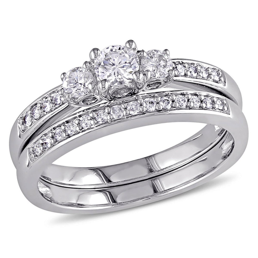 1/2 Carat (ctw H-II2-I3) Three Stone Diamond Engagement Ring and Wedding Band Set 14K White Gold Image 1