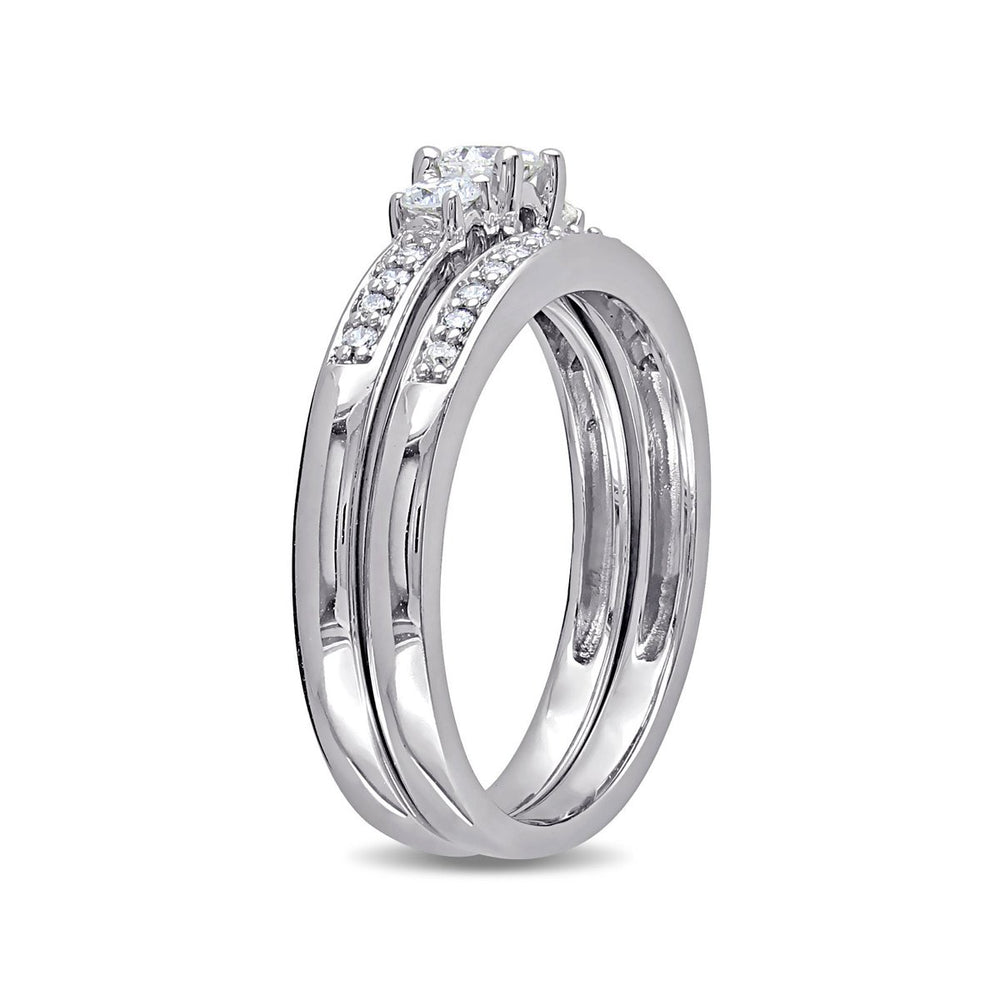 1/2 Carat (ctw H-II2-I3) Three Stone Diamond Engagement Ring and Wedding Band Set 14K White Gold Image 2