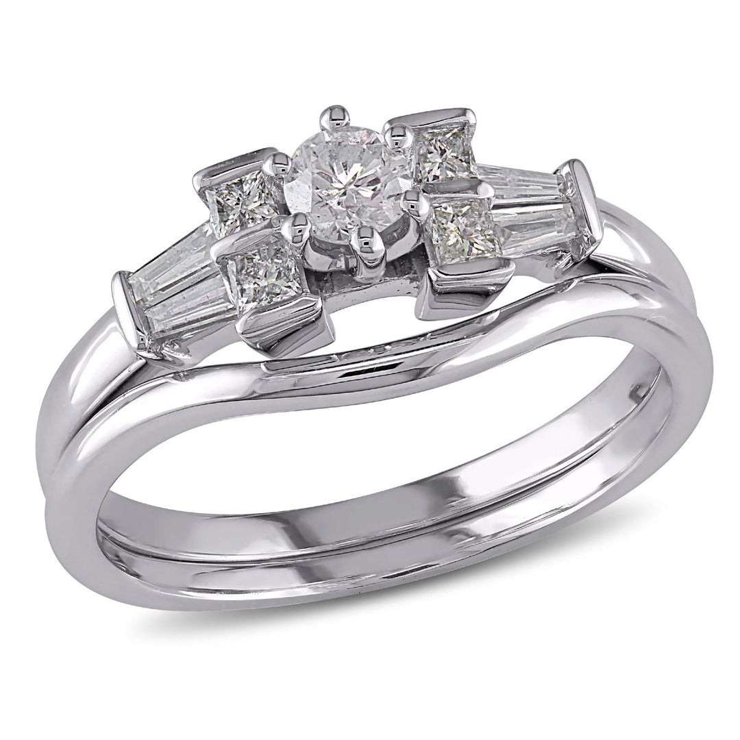 1/2 Carat (ctw H-I I2-I3) Diamond Engagement Ring and Wedding Band Set in 10K White Gold Image 1