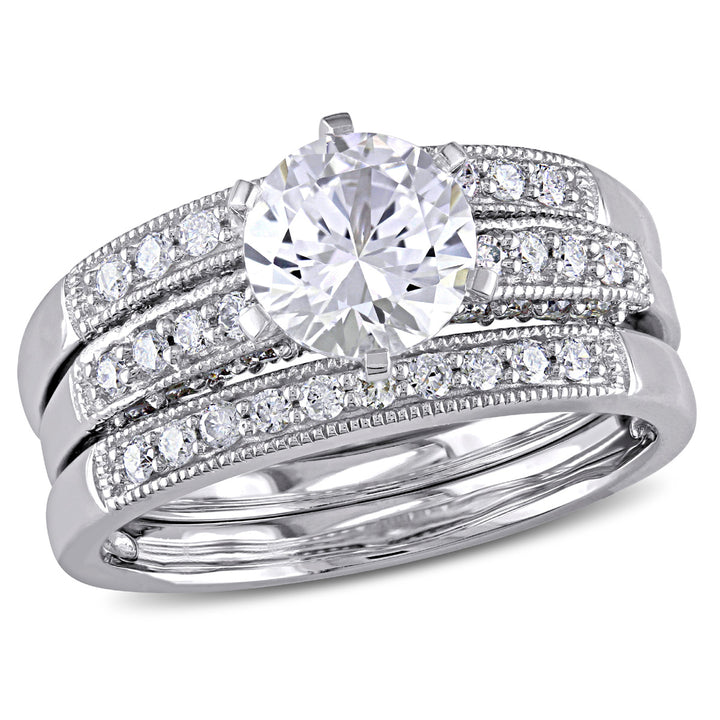 1.00 Carat (ctw) Lab-Created White Sapphire with Diamonds 2/5 Carat (ctw) Bridal Wedding Ring Set in 10K White Gold Image 1