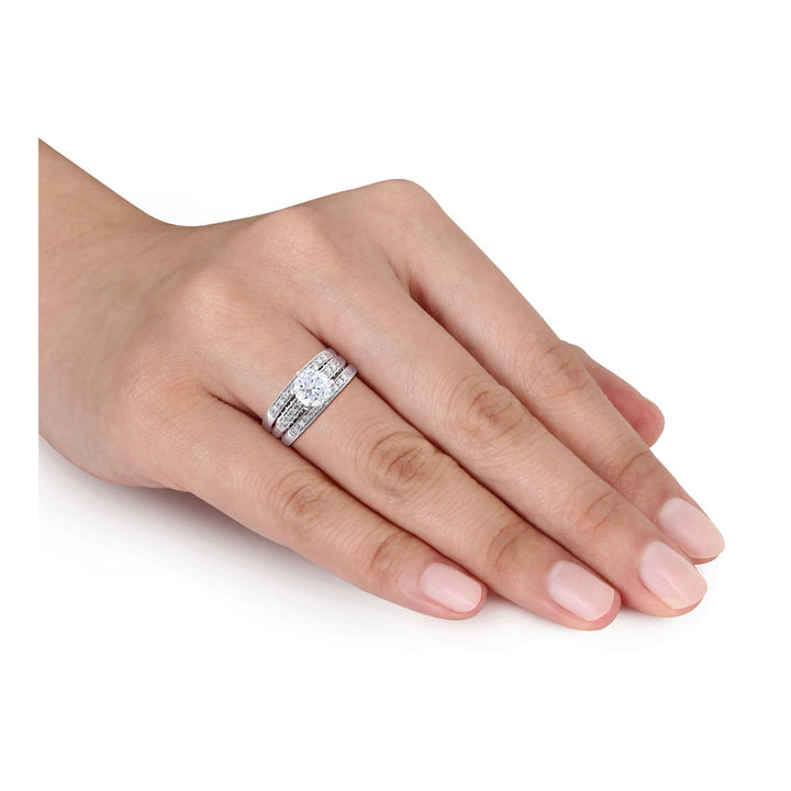 1.00 Carat (ctw) Lab-Created White Sapphire with Diamonds 2/5 Carat (ctw) Bridal Wedding Ring Set in 10K White Gold Image 3