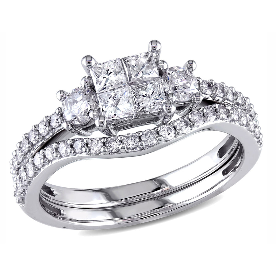 1.00 Carat (ctw I2-I3H-I) Princess-Cut Diamond Engagement Ring and Wedding Band Set in 14K White Gold Image 1