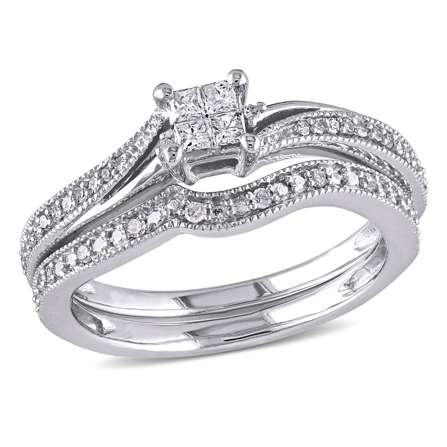 Princess Cut Diamond Engagement Ring and Wedding Band 1/4 Carat ((ctw) Color H-I Clarity I2-I3) Set in 10K White Gold Image 1