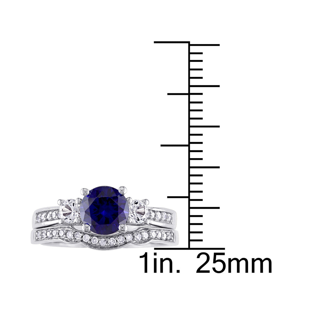 1 1/3 Carat (ctw) Lab-Created Blue and White Sapphire with Diamond Bridal Wedding Set Engagement Ring 10K White Gold Image 4