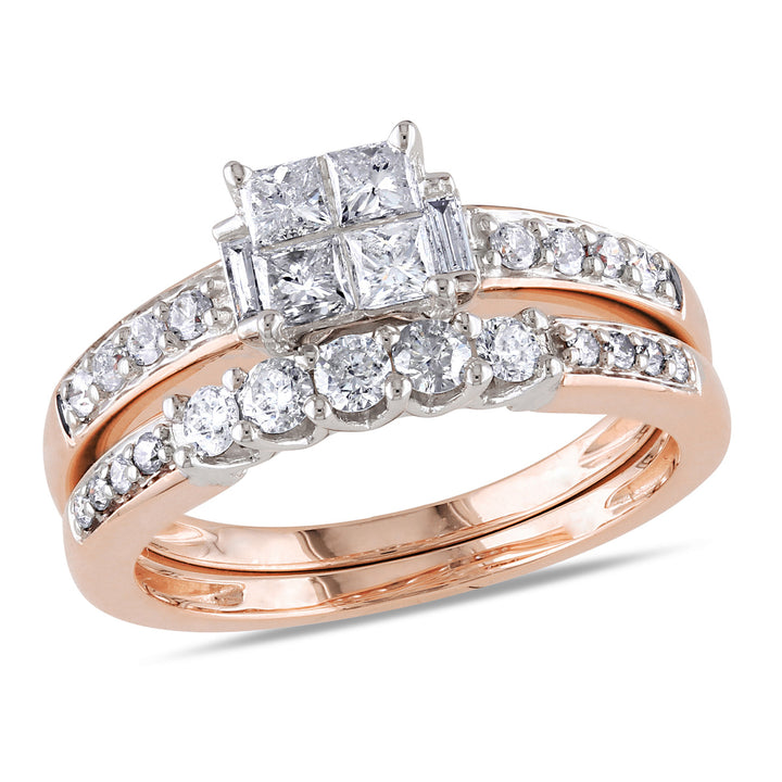 1.0 Carat (ctw H-I I2-I3) Princess-Cut Diamond Engagement Ring and Band Bridal Wedding-Set 14K Rose Pink Gold Image 1