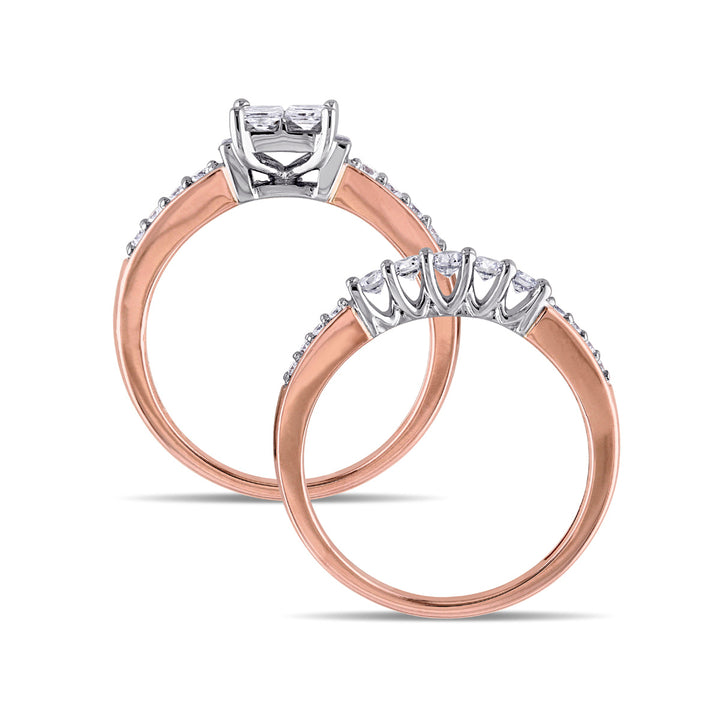 1.0 Carat (ctw H-I I2-I3) Princess-Cut Diamond Engagement Ring and Band Bridal Wedding-Set 14K Rose Pink Gold Image 3