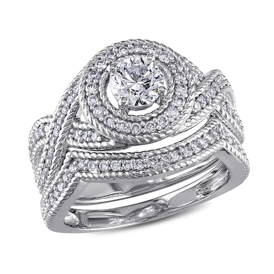 1.00 Carat (ctw H-II2-I3) Diamond Engagement Ring and Wedding Band Set 14K White Gold Image 1