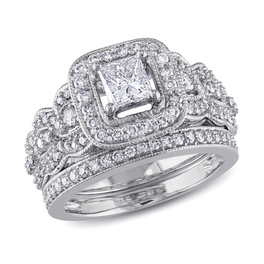1.25 Carat (ctw Color H-I Clarity I2-I3) Princess Cut Diamond Engagement Ring and Wedding Band Bridal Set in 14K White Image 1