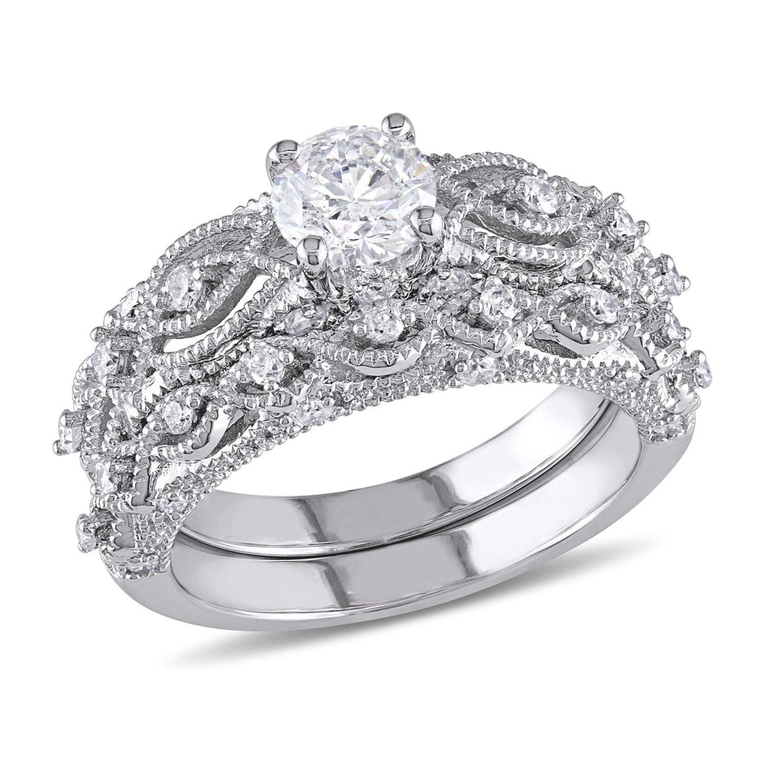 Diamond Engagement Ring and Wedding Band Set 1.25 Carat (ctw) in 10K White Gold Image 1