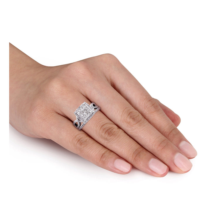 1.50 Carat (ctw) Princess Cut Diamond Engagement Ring and Wedding Band Set 10K White Gold Image 4