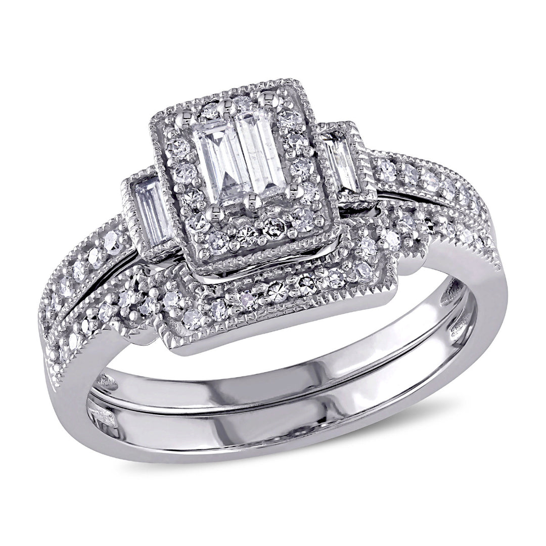 2/5 Carat (ctw) Diamond Engagement Ring and Wedding Band Set 10K White Gold Image 1