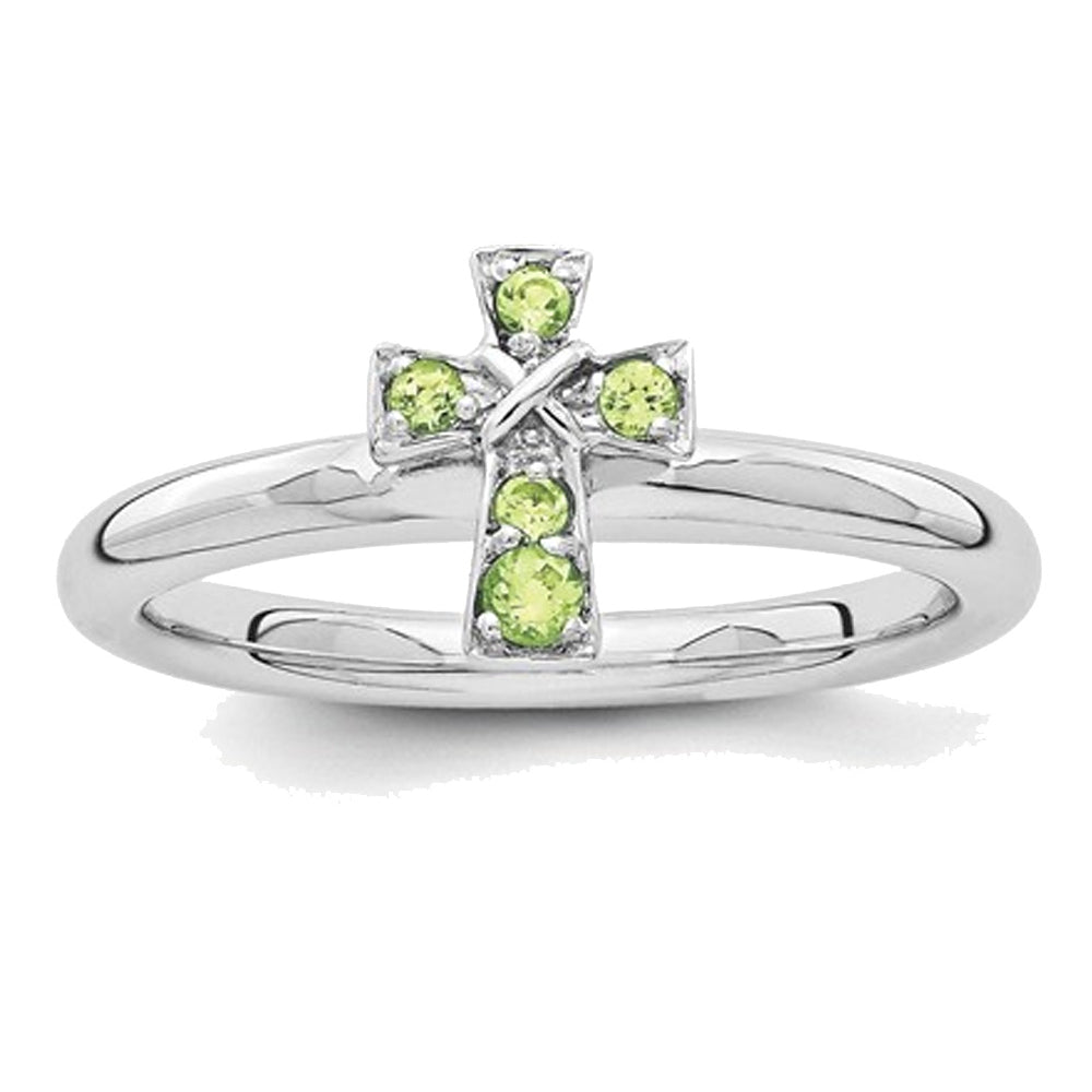 Ladies Sterling Silver Rhodium Peridot Cross Ring Image 1