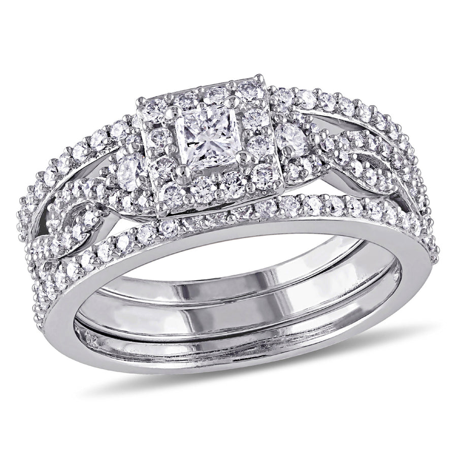 1.00 Carat (ctw H-II2-I3) Princess Cut Diamond Engagement Ring and Wedding Band Bridal Wedding Set in 10K White Gold Image 1