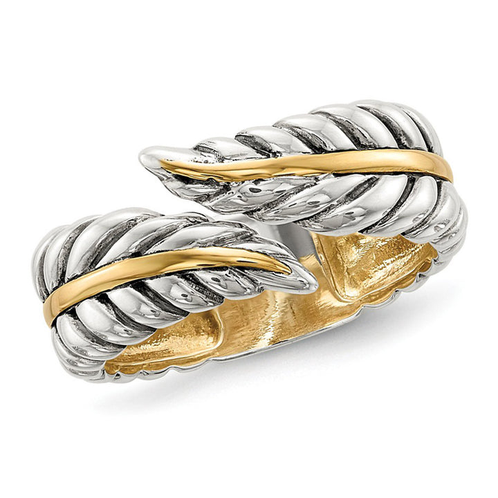 Ladies Antiqued Leaves Bypass Ring in Sterling Silver with 14K Gold Image 1