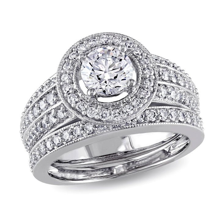 Diamond Halo Engagement Ring and Wedding Band Set 1.50 Carat (ctw) in 14K White Gold Image 1